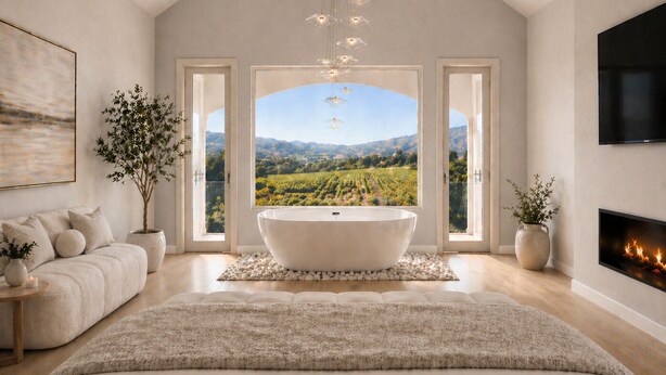 A bedroom with a large bed, a freestanding bathtub, a fireplace, and a TV mounted on the wall. - Domaine Chardonnay (Temecula)