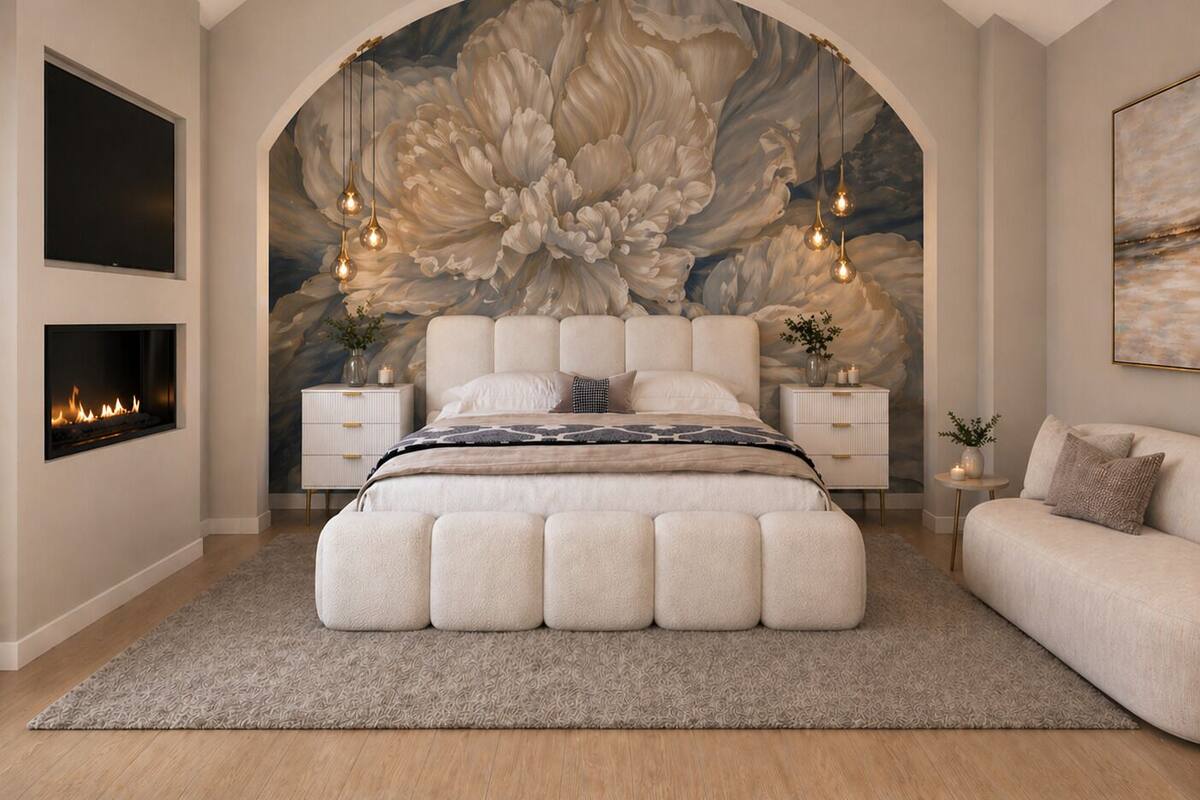 Une chambre avec un grand lit, deux tables de chevet, une cheminée et une grande fresque florale sur le mur.