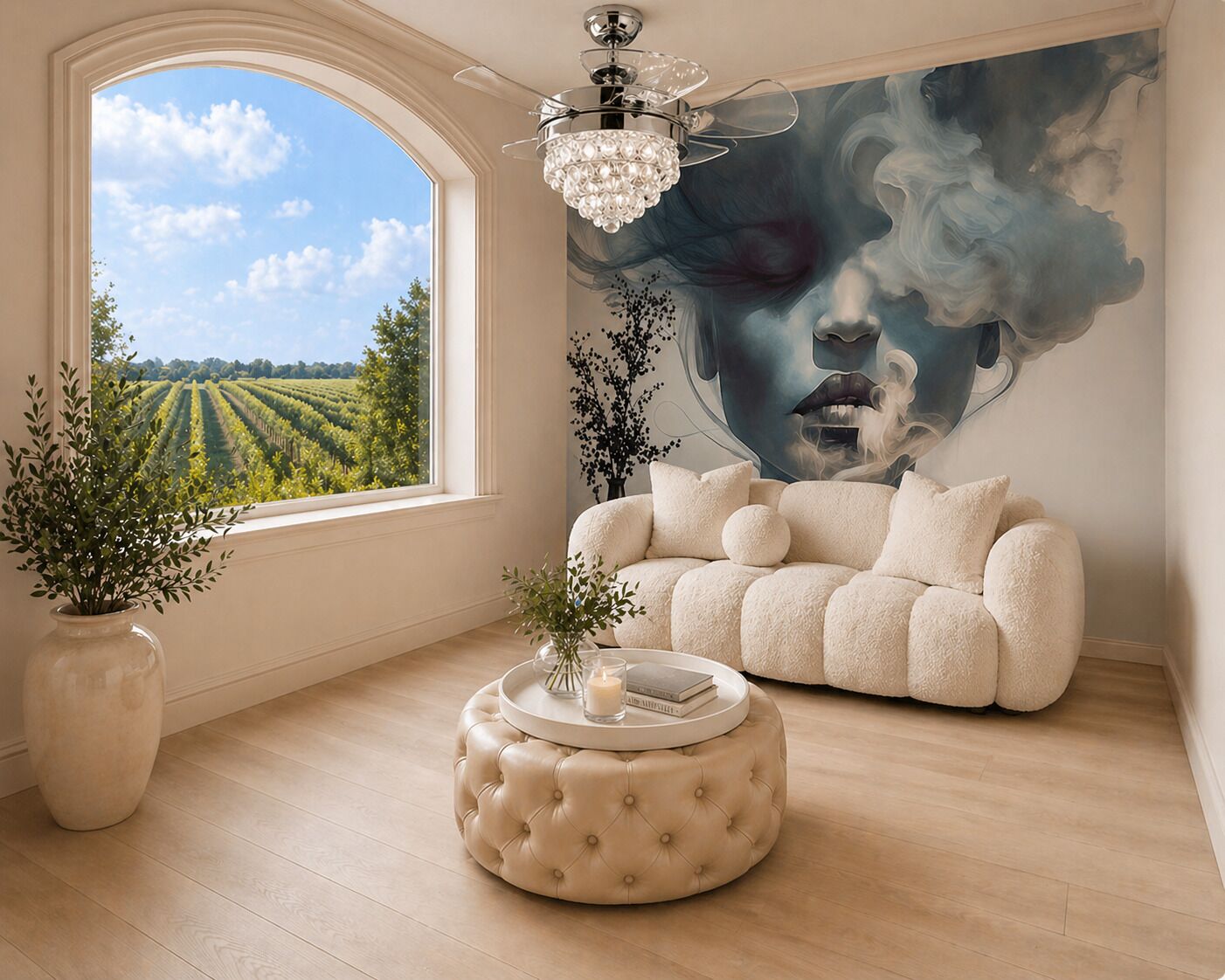 Une pièce dotée d’une grande fenêtre, d’un lustre, d’un canapé et d’un tableau.