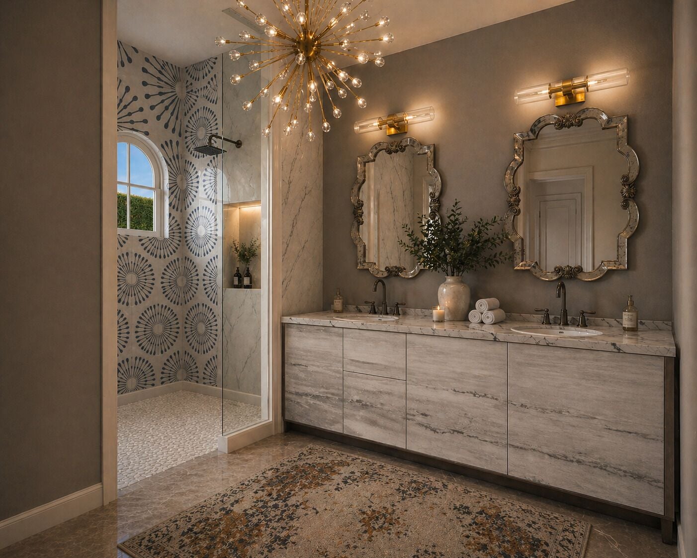 A bathroom with a marble vanity, two mirrors, a chandelier, and a patterned floor.