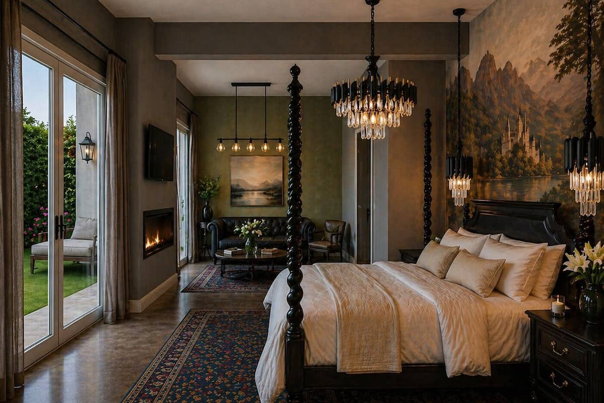 Une chambre à coucher avec un lit à baldaquin, un lustre, une cheminée et une grande fenêtre.