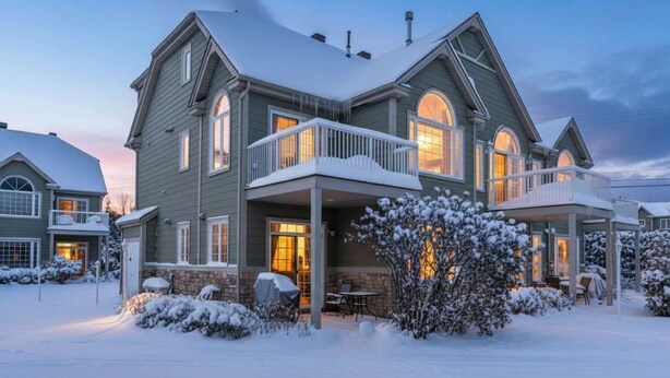 Une maison à deux étages, dotée d’un porche et d’un balcon, tous deux abrités, et entourée de neige.
