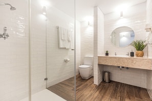 Hair dryer, towels, soap, toilet paper