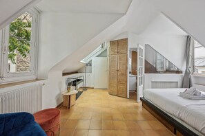 1 bedroom, desk, iron/ironing board, travel cot