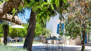 An outdoor dining area with a table and chairs, surrounded by greenery and a building with blue shutters. - Villa in Itria Valley With Infinity Pool (Cisternino)