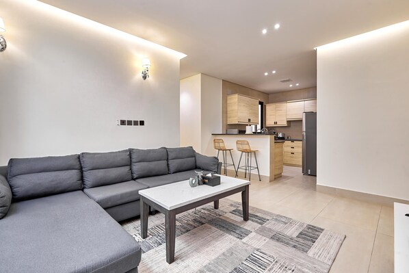 Premium Apartment, 3 Bedrooms | Living room | 45-inch Smart TV with satellite channels