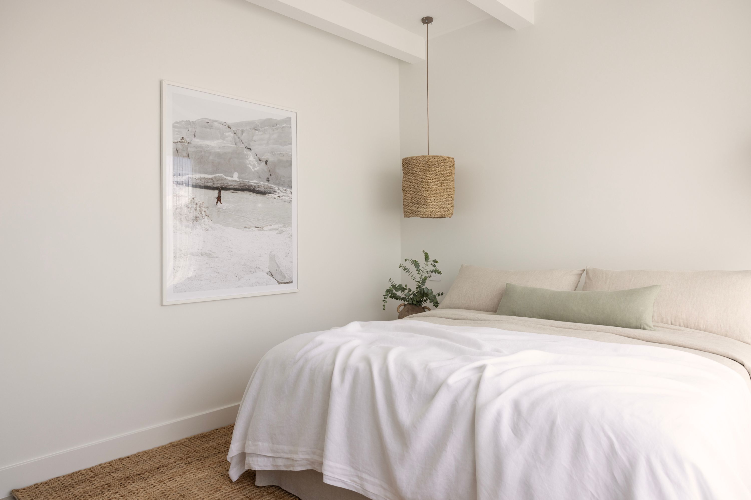 Une chambre à coucher avec un lit, un luminaire suspendu, un tableau encadré au mur et une plante.