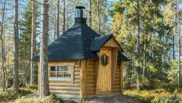 A log cabin with a steeply pitched roof, a chimney, and a wooden door. - Peurakangasranta 4 * luxury logcabin in Ranua, lakeside in the forest with AC (Lappi)