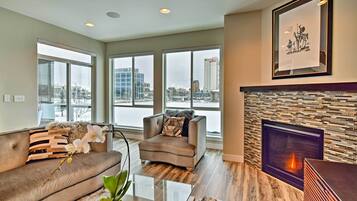 Flat-screen TV, fireplace, DVD player, books