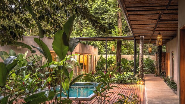 Un espace piscine doté d’une terrasse en bois, entouré d’une végétation tropicale luxuriante et agrémenté d’une allée couverte.