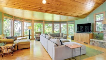 TV, fireplace, iPod dock, books