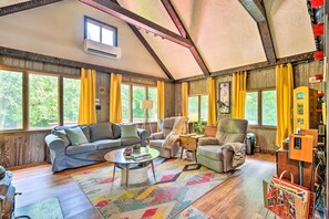 TV, fireplace, DVD player, books