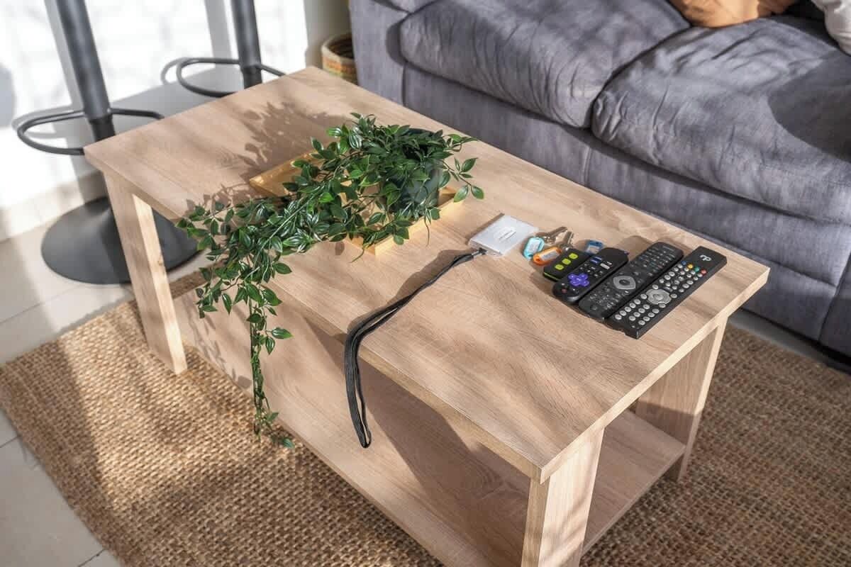 A wooden coffee table with a small plant, a remote control, and a black cord.