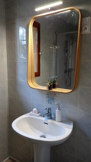 Shower, hair dryer, towels, soap