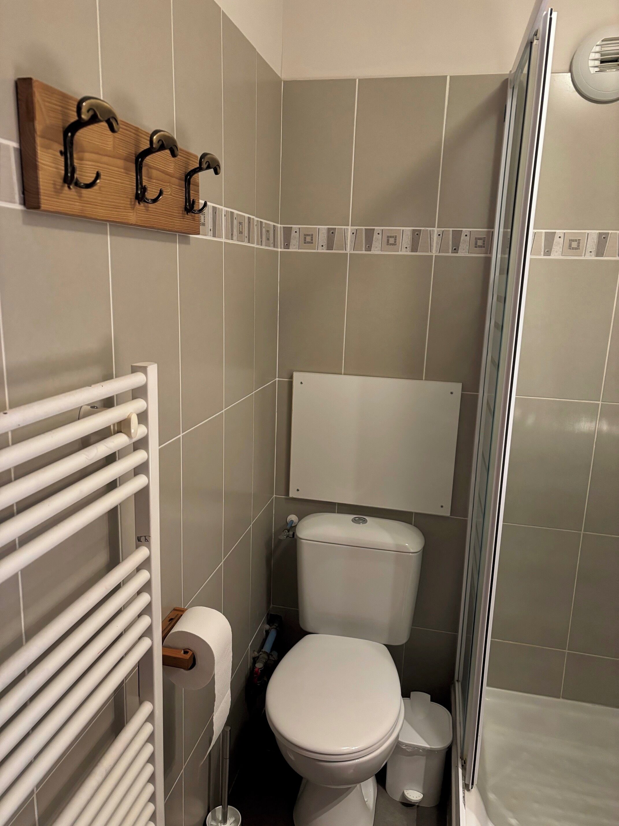 Un baño con inodoro, ducha y toallero.