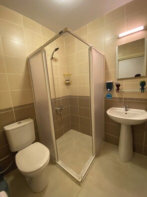 Ein Badezimmer mit Duschkabine, Toilette und Waschbecken.
