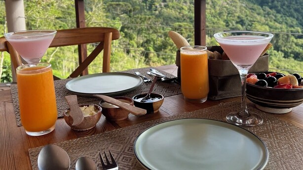 Une table dressée pour le petit-déjeuner, avec de l’argenterie, des assiettes et des boissons, sur un balcon donnant sur un paysage boisé.