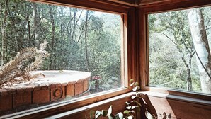 A wooden cabin room with a large window overlooking a forest. There is a wooden bench and a metal pot with a plant on the windowsill. - Chale de Vidro nas montanhas (Itamonte)