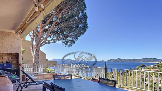 Eine Terrasse im Freien mit Tisch und Stühlen, einem großen Blumentopf und Blick auf das Meer.
