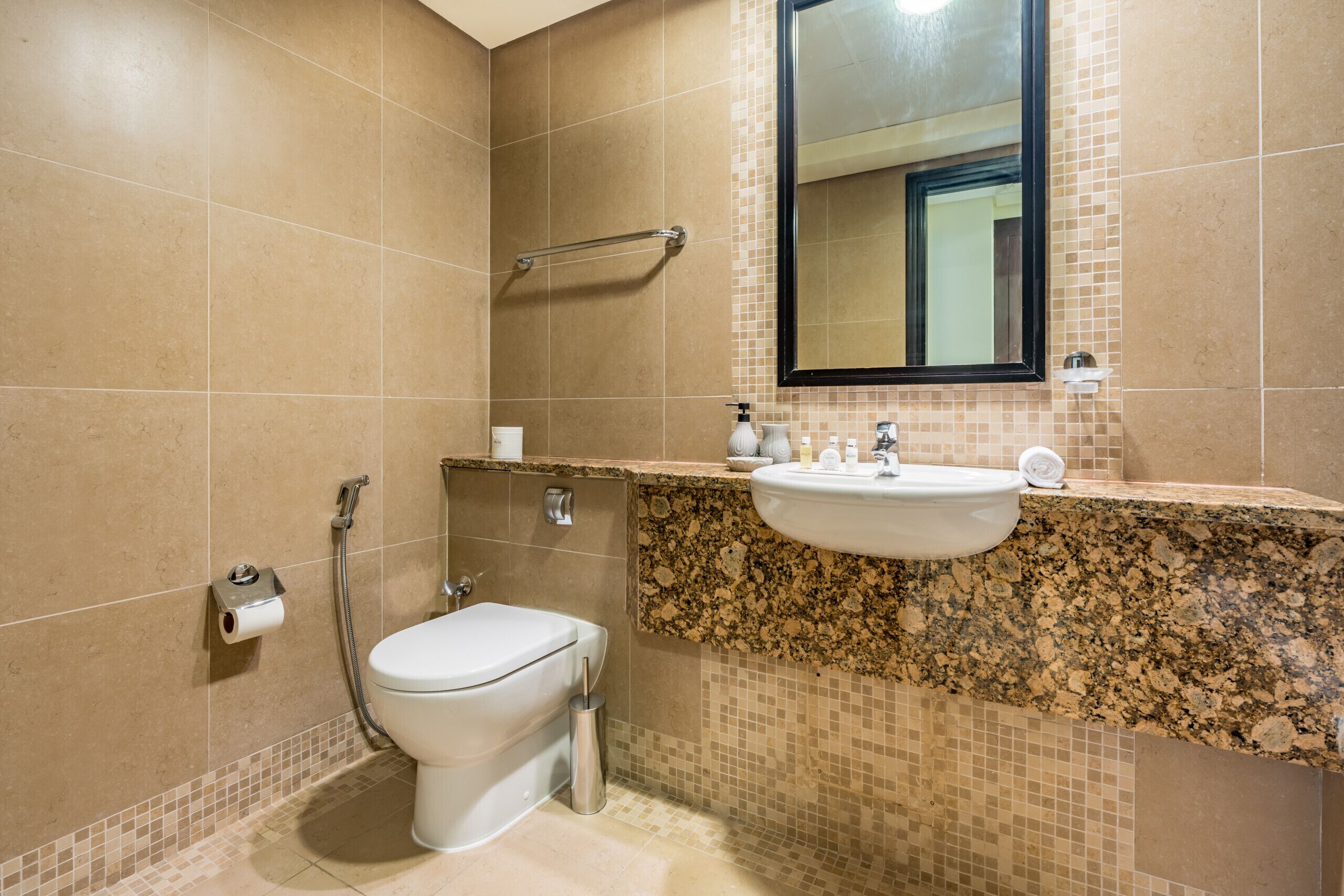 A bathroom with a toilet, sink, and mirror.