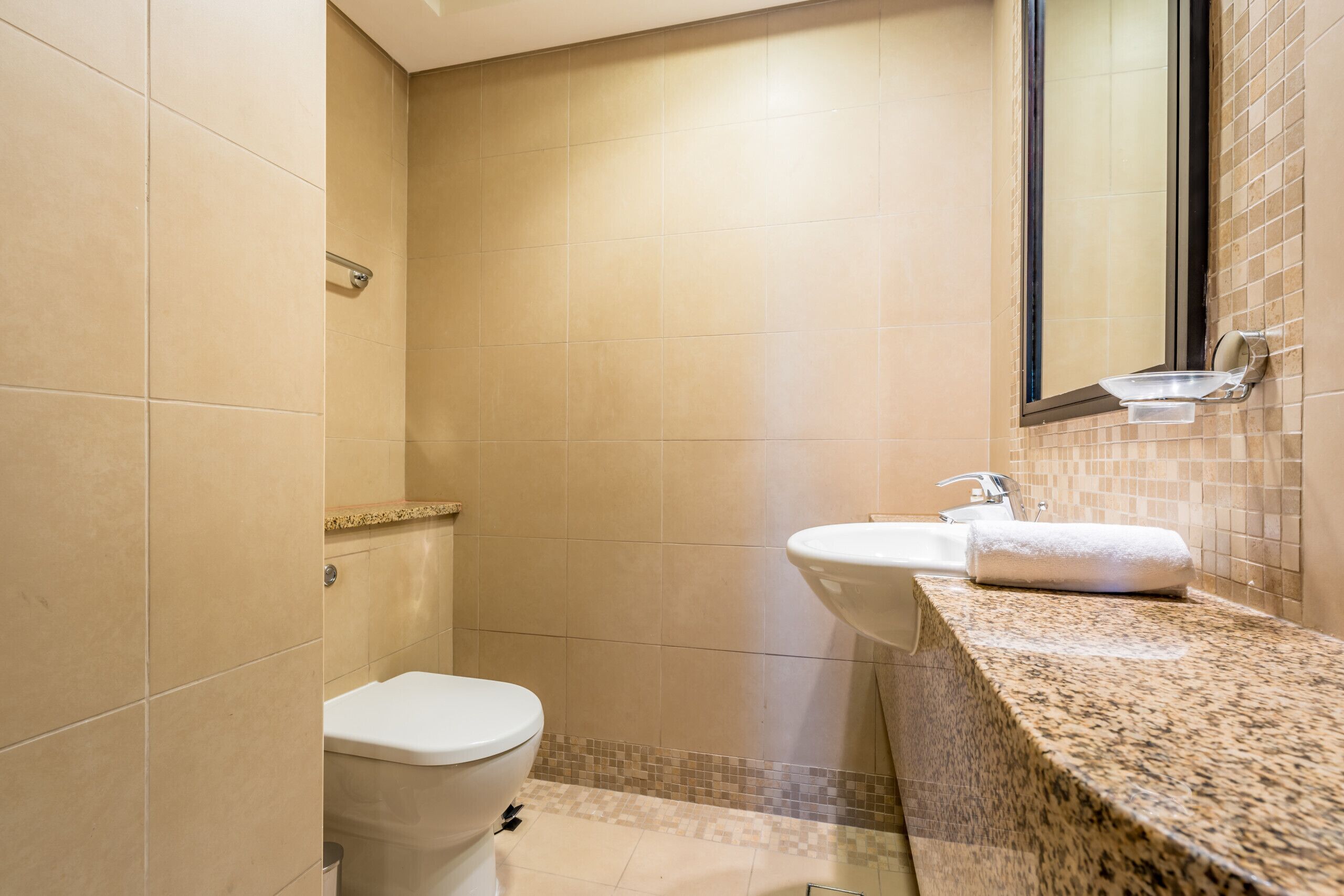 A bathroom with a toilet, sink, and a mirror.