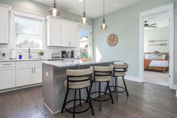 House, Multiple Beds, Patio, Garden View (Beach to Bay Tranquility ) | Private kitchen | Fridge, microwave, oven, stovetop - Beach to Bay 3BR Retreat - Cowboy Pool & Golf Cart (Miramar Beach)