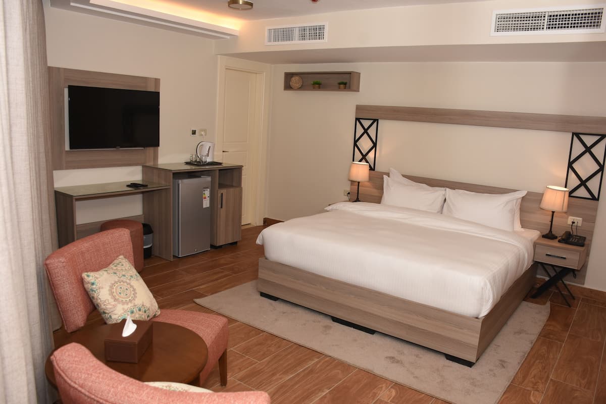 A hotel room with a large bed, a desk with a TV, a small kitchenette, and a seating area with a chair.