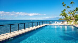 A clear blue pool with a black railing, surrounded by palm trees and a view of the ocean.