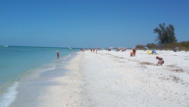 A beach with clear water, people, and beach umbrellas.