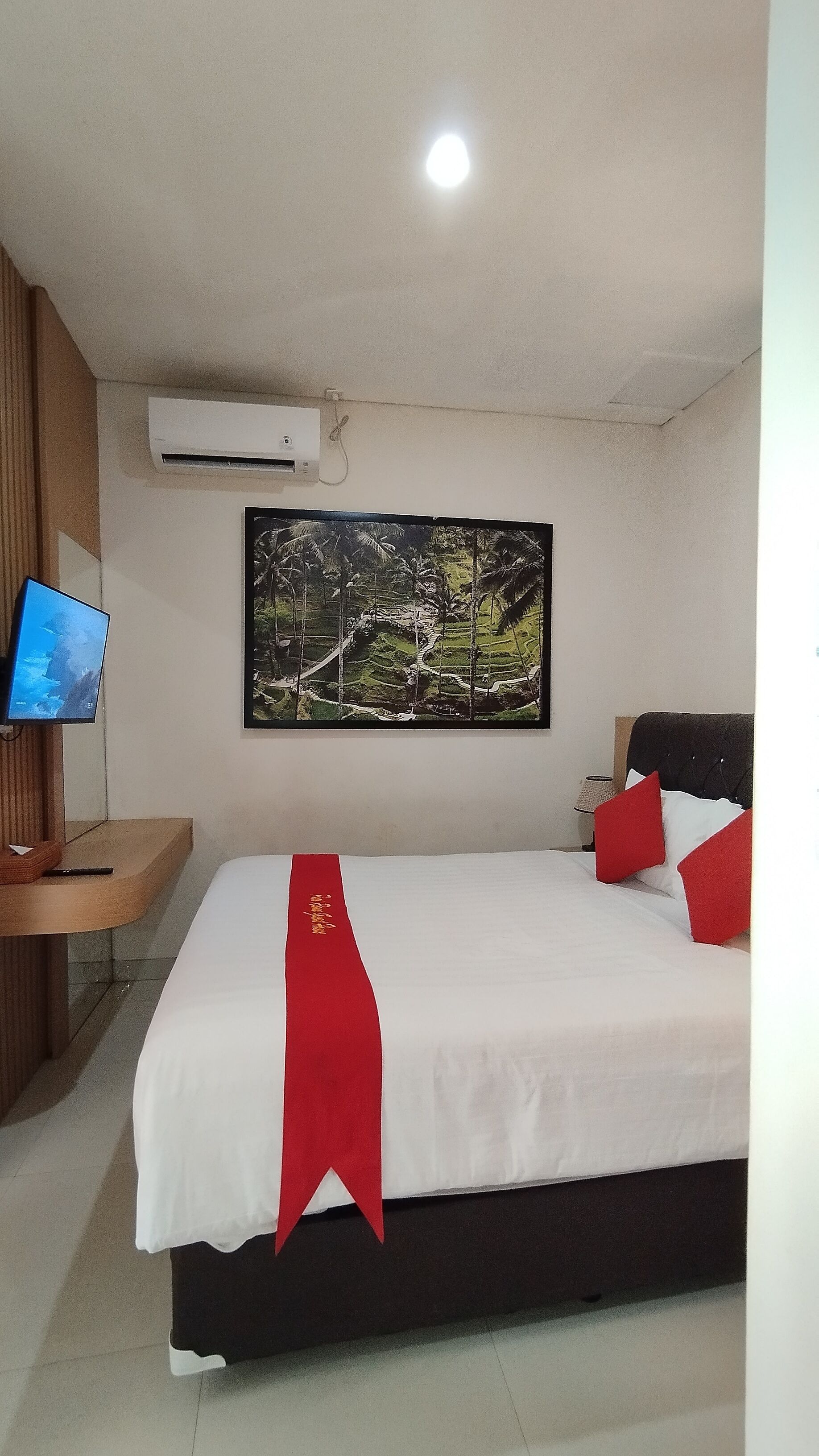 Una habitación de hotel con cama, televisor, un cuadro y equipo de aire acondicionado.