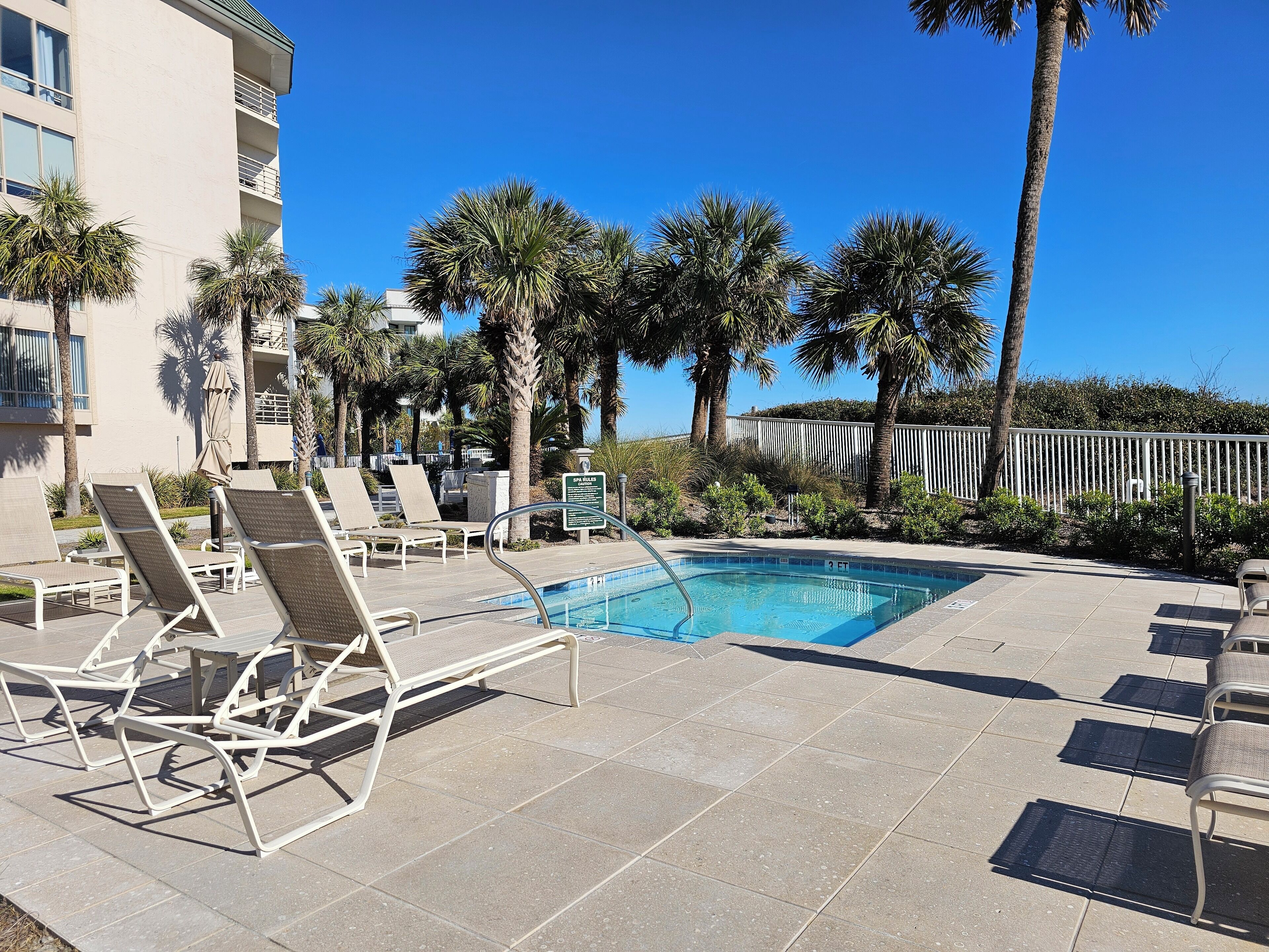Un espace aménagé au bord de la piscine, avec des chaises longues, une piscine et des palmiers.