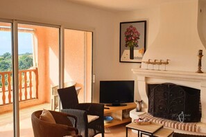 Télévision, cheminée, livres, chaîne hi-fi