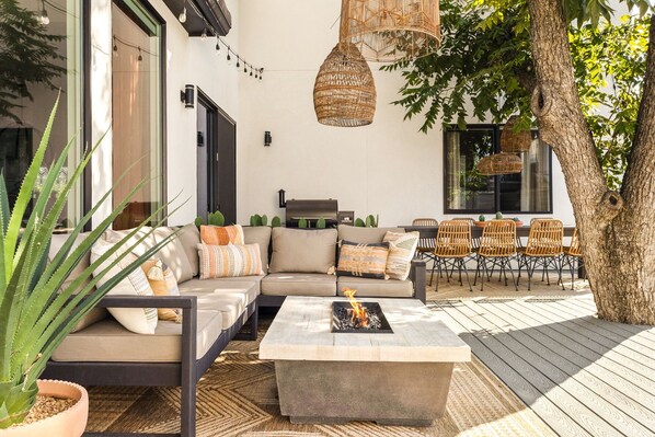 Terrace/patio - Modern Luxe South Lamar Retreat with Heated Pool, Game Room, and Outdoor Theater (Austin)