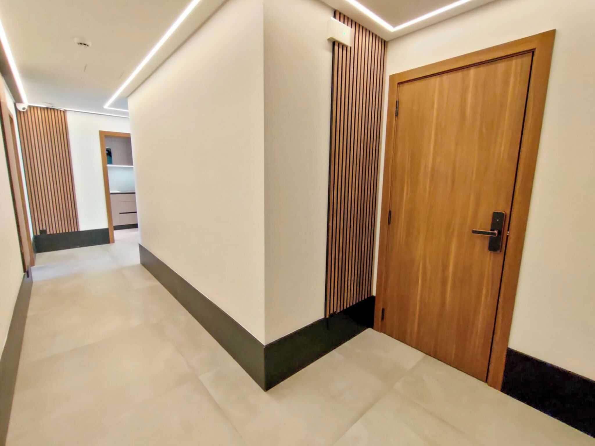 Un pasillo con una puerta de madera, un panel de pared vertical y una lámpara en el techo.