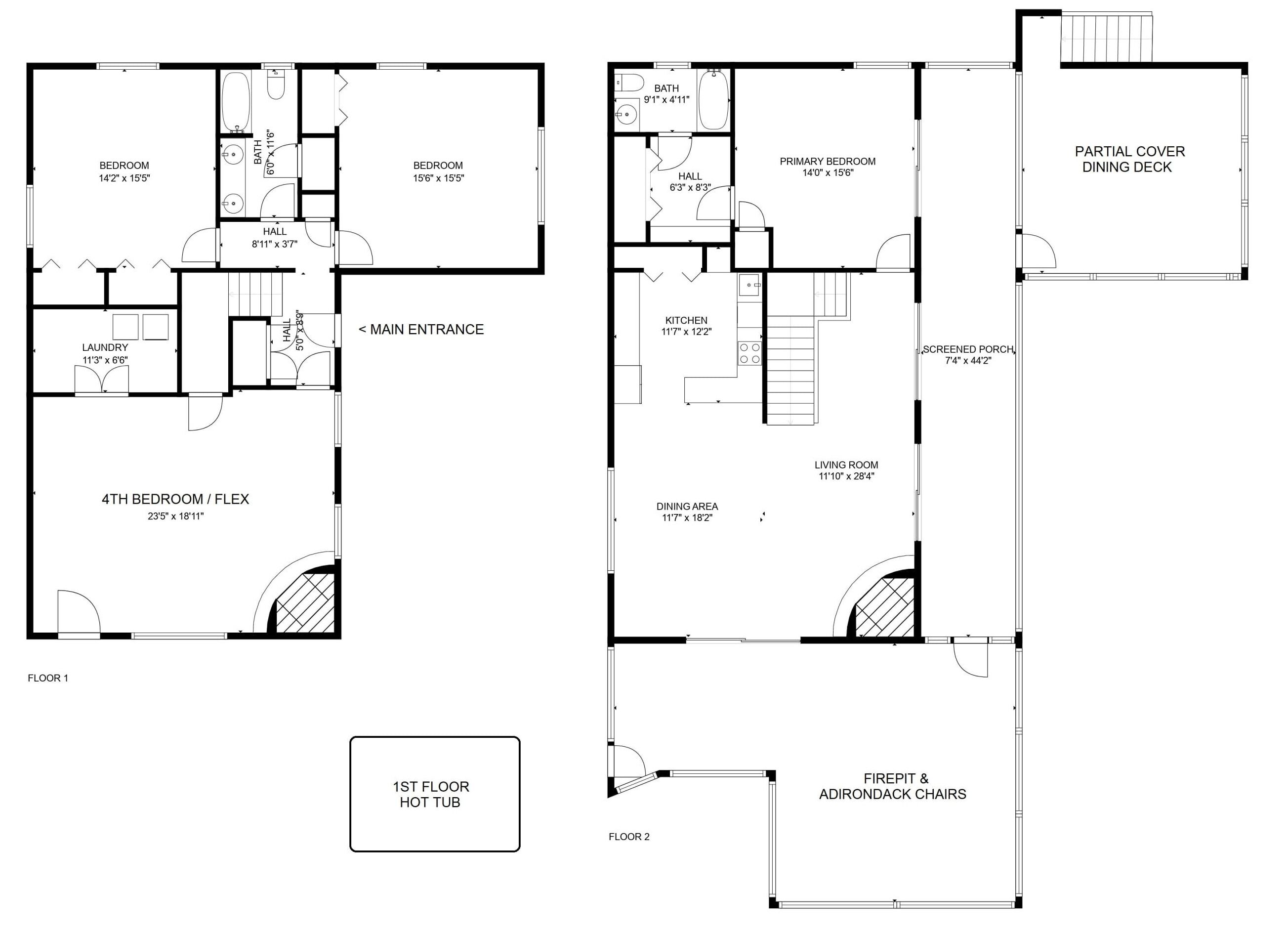 Planos de un hotel con dos dormitorios, un baño, cocina, comedor y sala de estar.