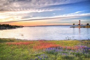 A lighthouse on a small island with a field of wildflowers in the foreground.