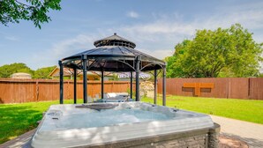 A hot tub with a gazebo structure in a backyard setting. - 8b 4b Nearby Pool Blanco Wine Trail Town sq (Blanco)