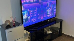 Televisor de pantalla plana sobre un suport negre, amb un fons de pantalla d'un paisatge urbà, un mini-frigorífic blanc i un petit objecte decoratiu a la part superior.