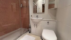 A modern bathroom with a glass shower enclosure, a sink, a toilet, and a mirror above the sink. - The Lansbury - Whitby  (Whitby)