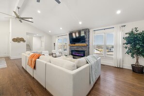 Smart TV, fireplace, video games, foosball