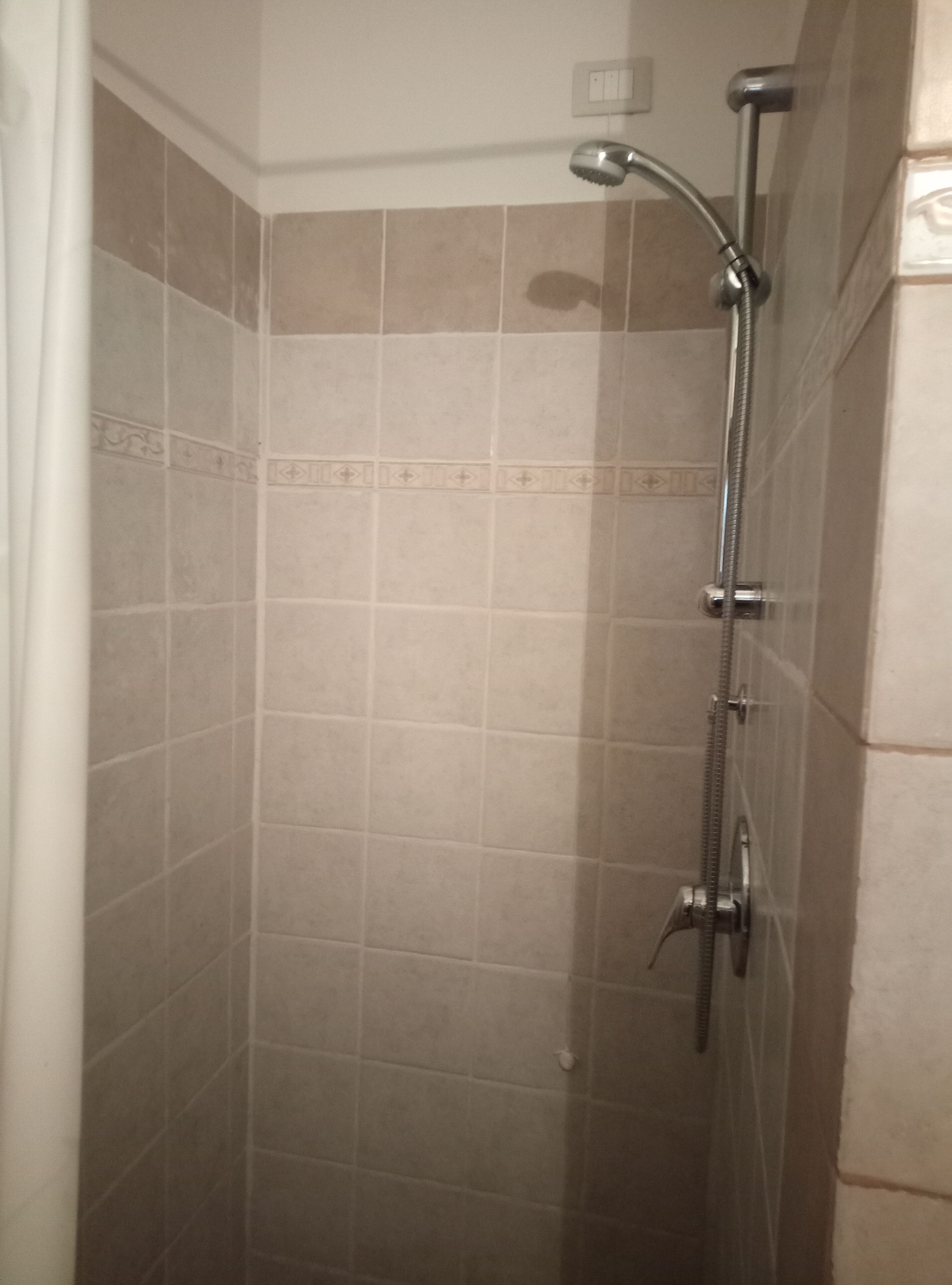 Een douche met een handdouche en een wandmengkraan.