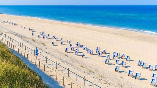 A beach with rows of beach chairs and a wooden fence along the walkway. - Ferienwohnung in Westerland-ex TUI (Sylt)
