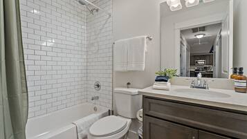 Hair dryer, towels, soap, toilet paper