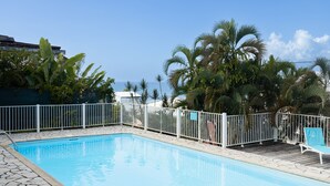 Ein Swimmingpool mit weißem Zaun und Liegestühlen, umgeben von Palmen und blauem Himmel.