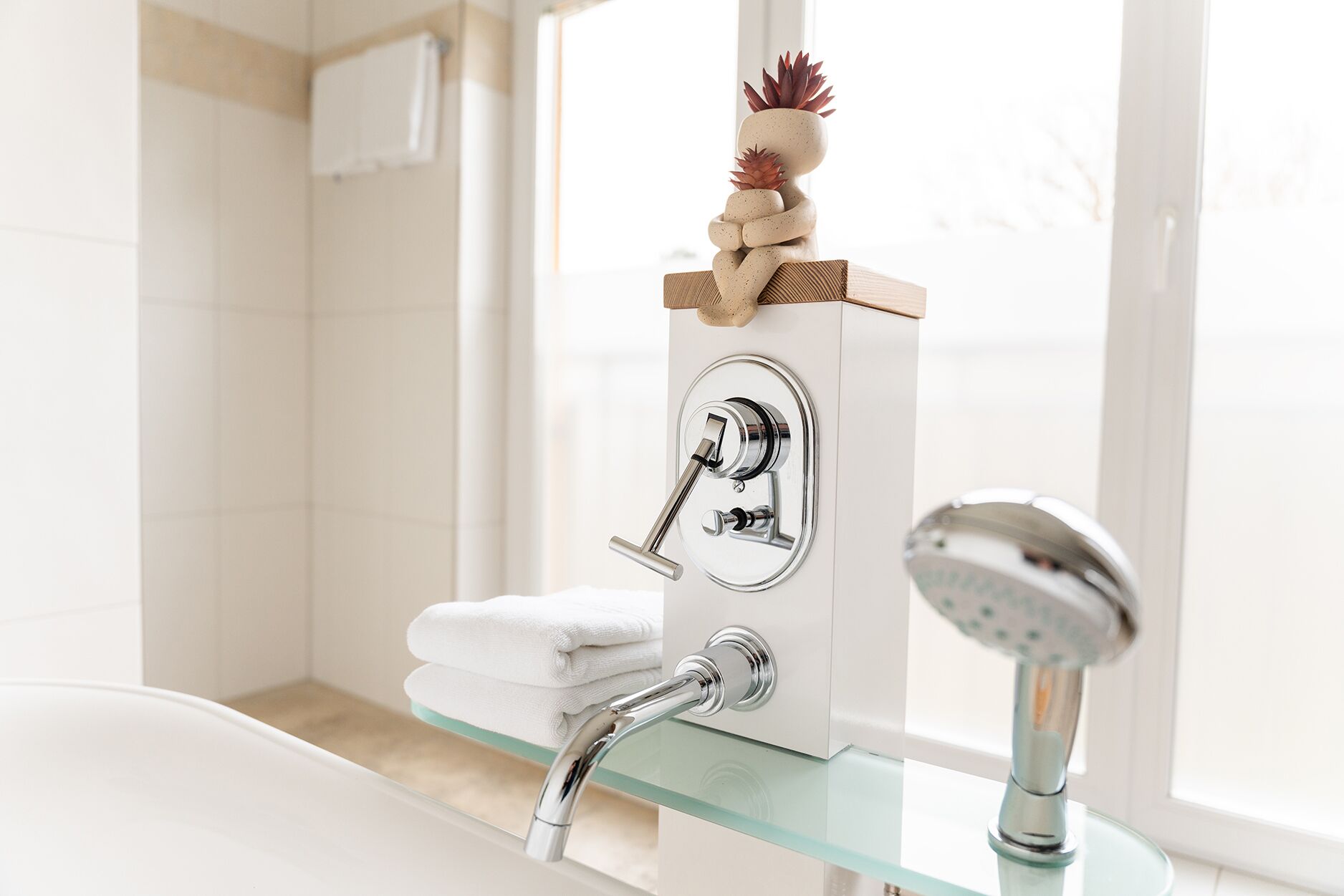 A modern bathroom with a glass-enclosed shower, a wall-mounted faucet, and a decorative plant on a shelf.