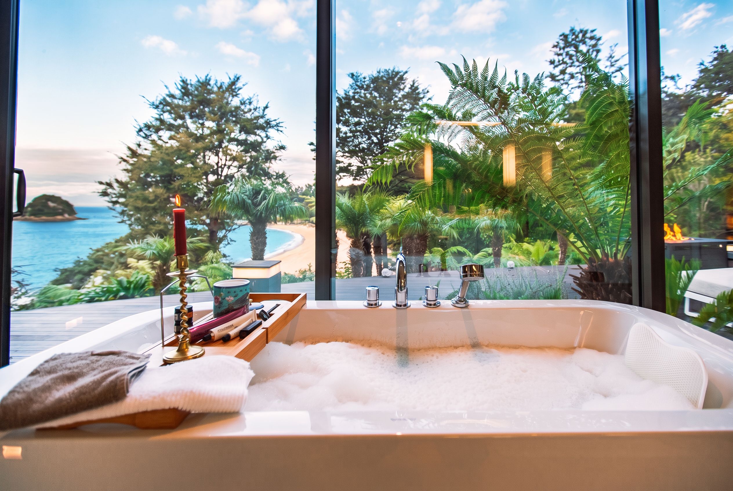 A modern bathroom with a large bathtub, a wooden tray with toiletries, and a view of a tropical garden and ocean.