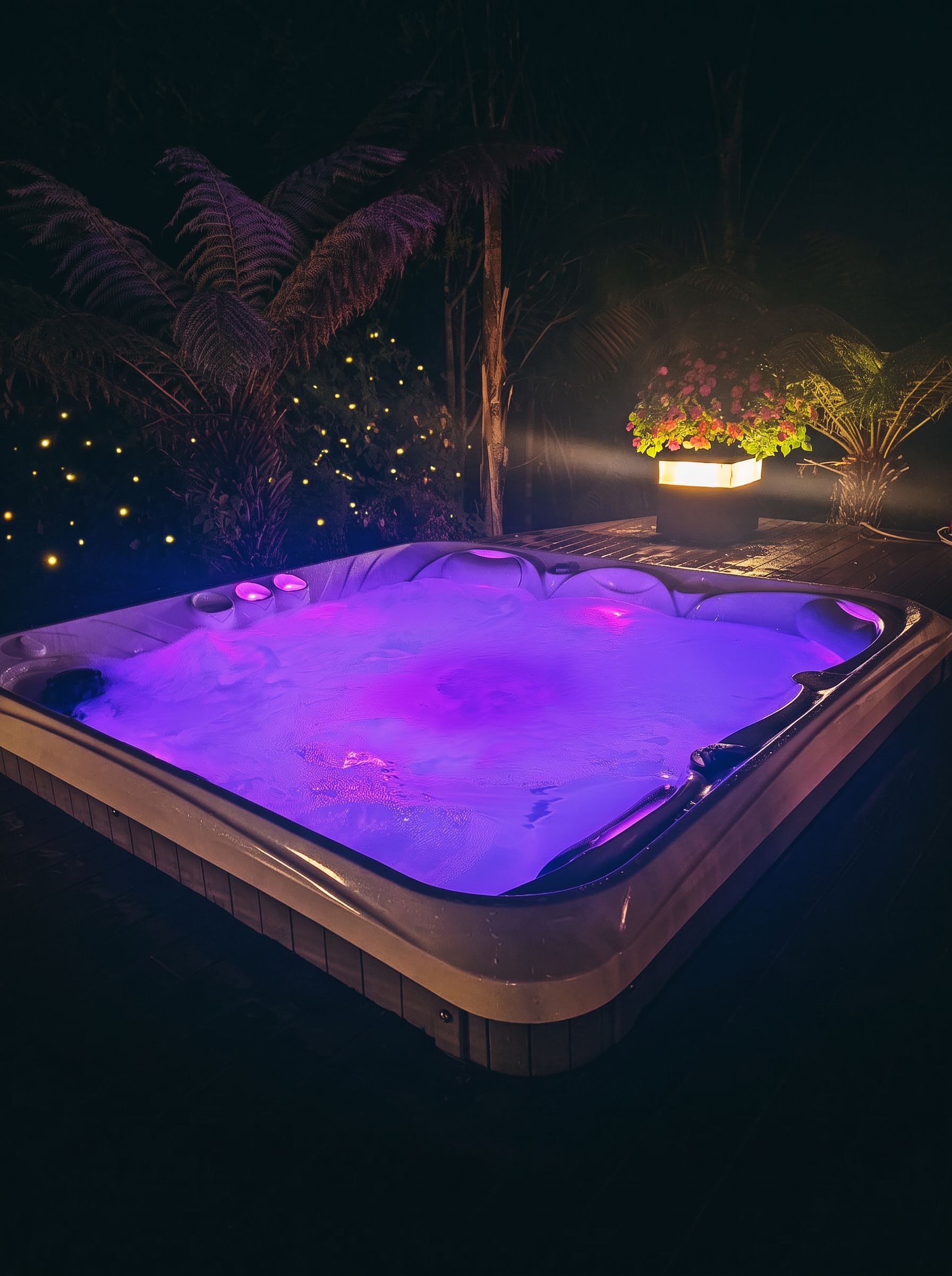 Un jacuzzi con luz púrpura, rodeado de plantas y un accesorio decorativo luminoso.