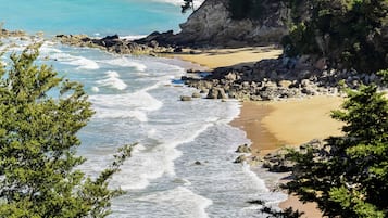 A coastal landscape with a beach, rocky shoreline, and dense greenery.