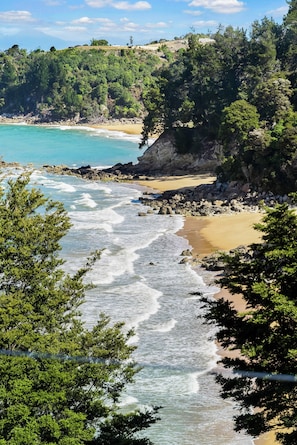 A coastal landscape with a beach, rocky shoreline, and dense greenery. - Exclusive Entire Lodge (Kaiteriteri)