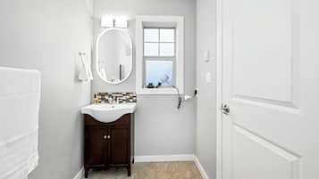 Hair dryer, towels, soap, toilet paper